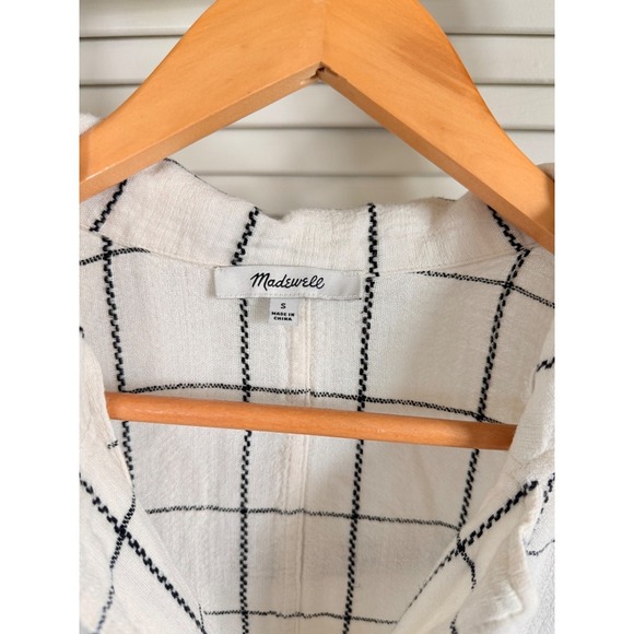 Madewell White Grid Checkered Print Button Down Short Sleeve Crop Top Size S - Picture 5 of 6
